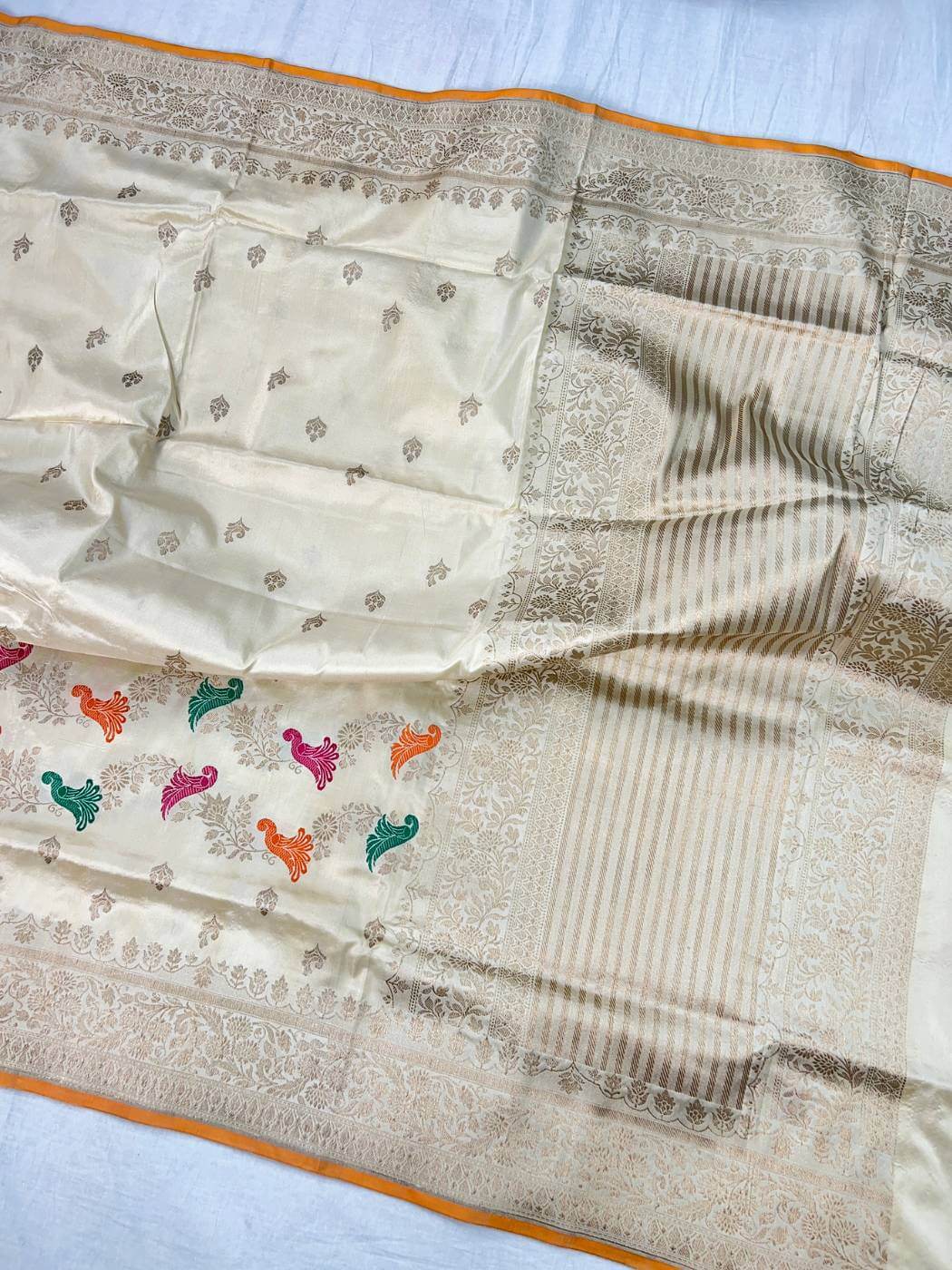 Ivory Katan Silk Saree With Meenakari work full view