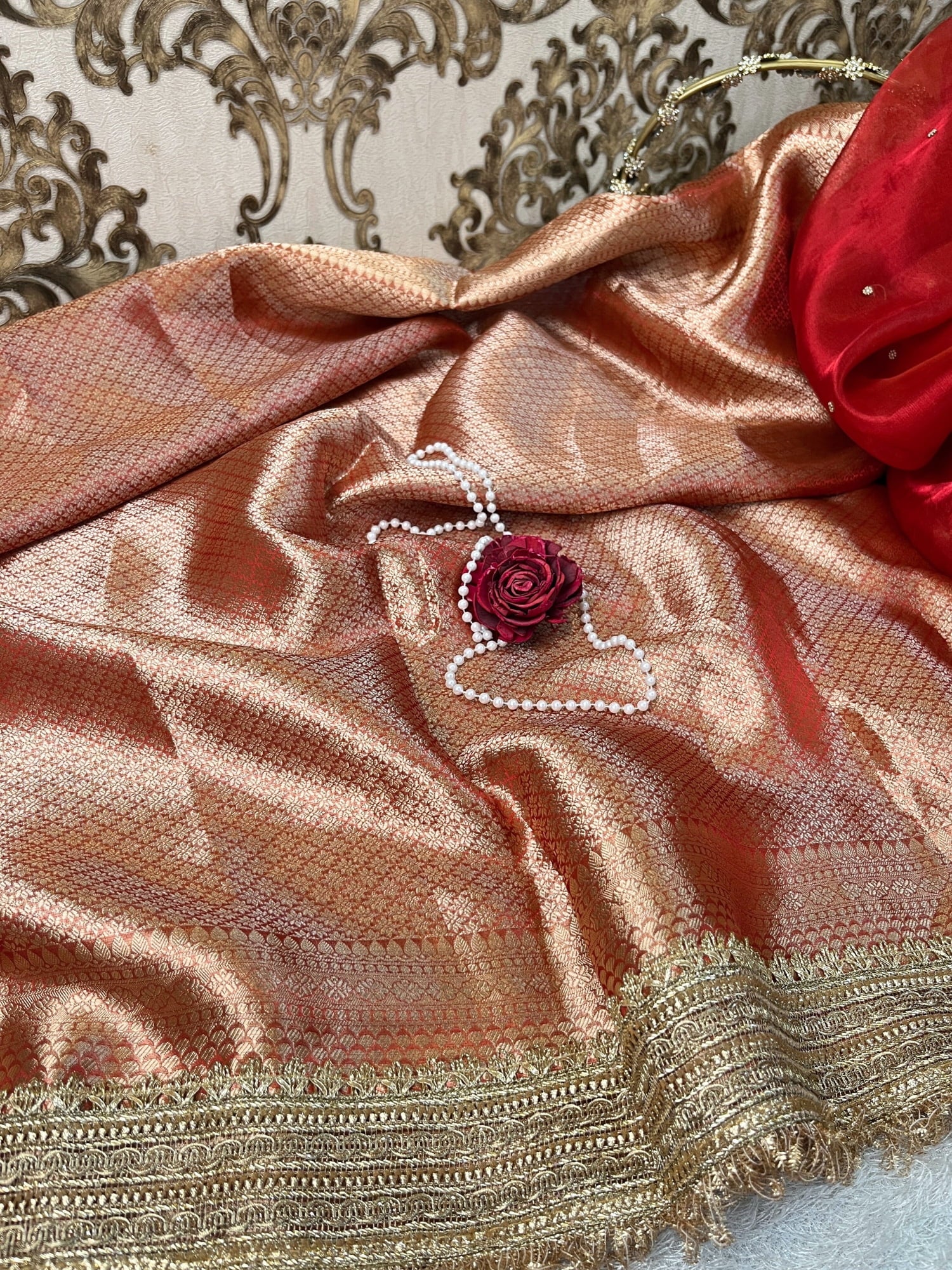 Red Banarasi Tissue Silk Saree with Matka Hand Embroidered Buta, Gota Patti Border, and Unstitched Brocade Blouse