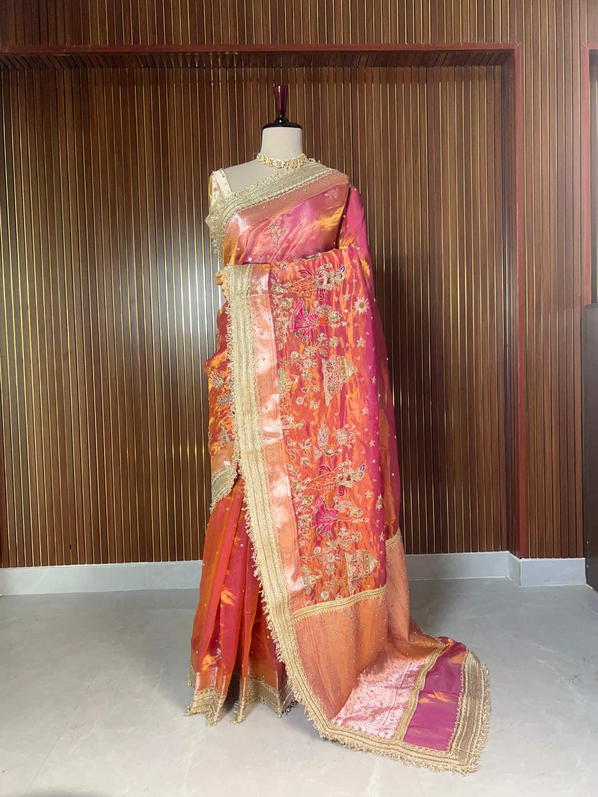 Dual Shade Pure Banarasi Tissue Silk Saree Vrindavan with Hand Embroidered Peacock and floral Motif dummy view