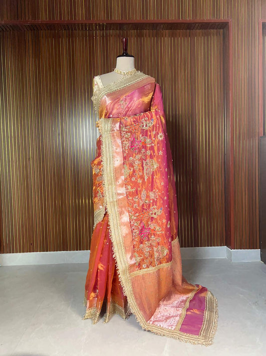 Dual Shade Pure Banarasi Tissue Silk Saree Vrindavan with Hand Embroidered Peacock and floral Motif dummy view