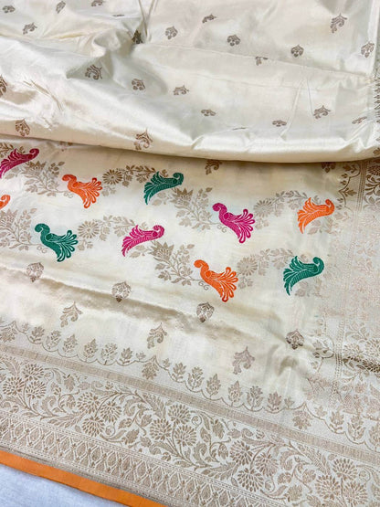 Ivory Katan Silk Saree With Meenakari work closeup view