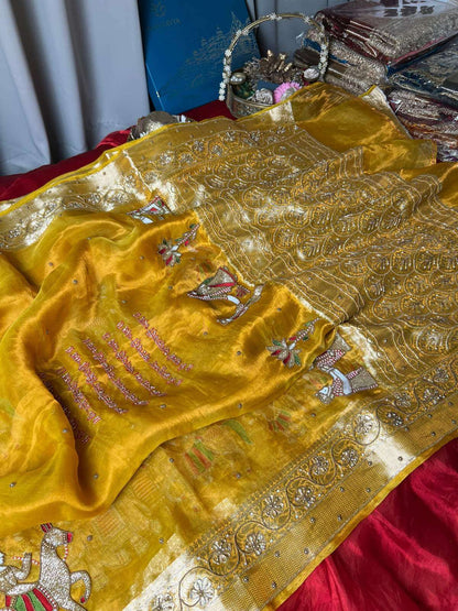 Mustard Yellow Tissue Silk Saree Vivah with Hand-embroidered Saat Vachan full view 