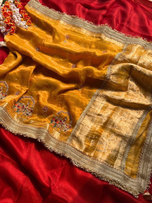  Mustard Yellow Banarasi Tissue Silk Saree with Hand-Embroidered Mehrab Barat full view