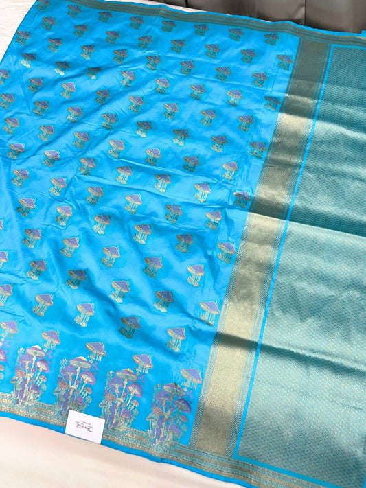 Sky Blue Katan Silk Saree with mushroom-inspired buta full view