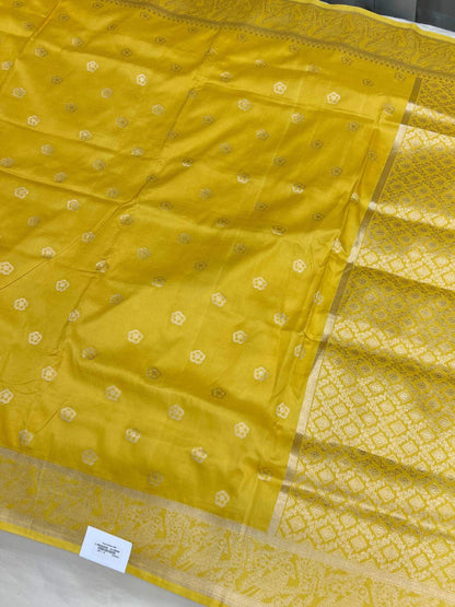 Yellow Katan Silk Saree with floral full view