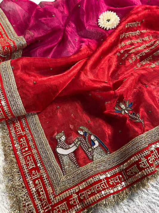 Dual Shade Tissue Silk Dupatta Saat Vachan With handembroidery closeup view 01