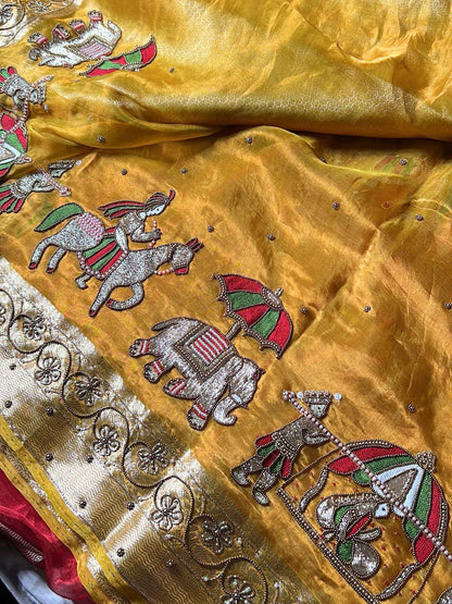 Mustard Yellow Tissue Silk Saree Vivah with Hand-embroidered Saat Vachan closeup view 03