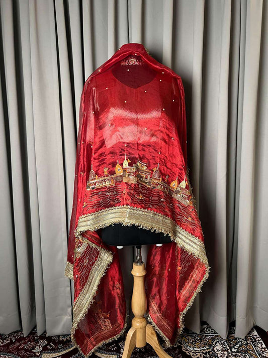 Royal red Banarasi Ghat silk dupatta inspired by traditional Varanasi ghats