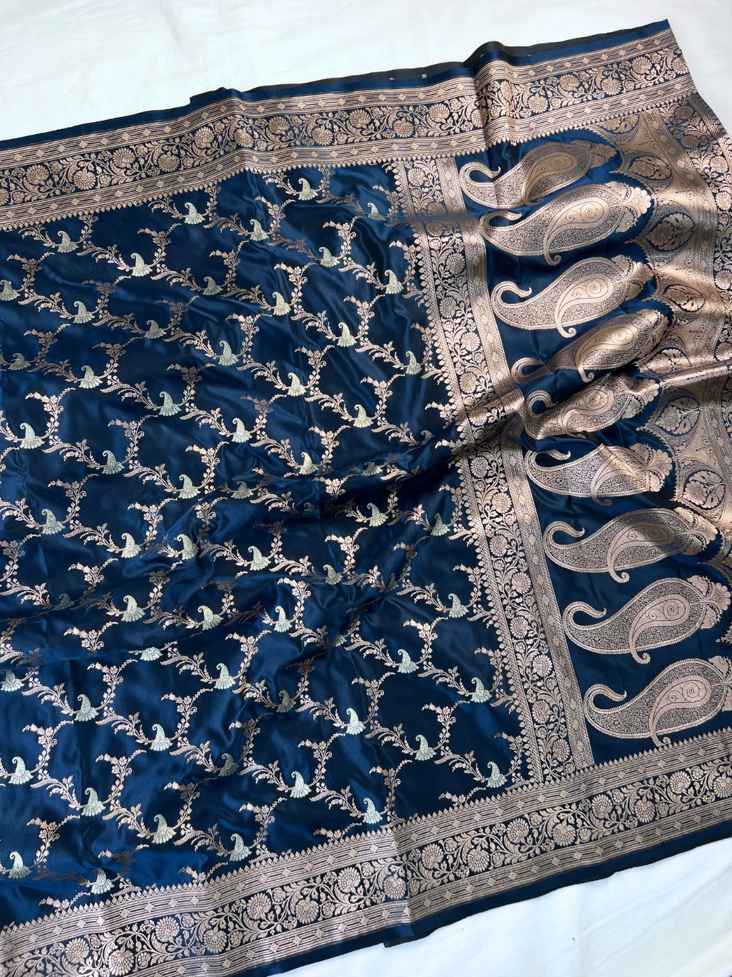 Navy Blue Katan Silk Saree Full View