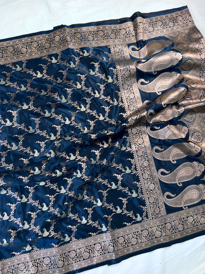 Navy Blue Katan Silk Saree Full View