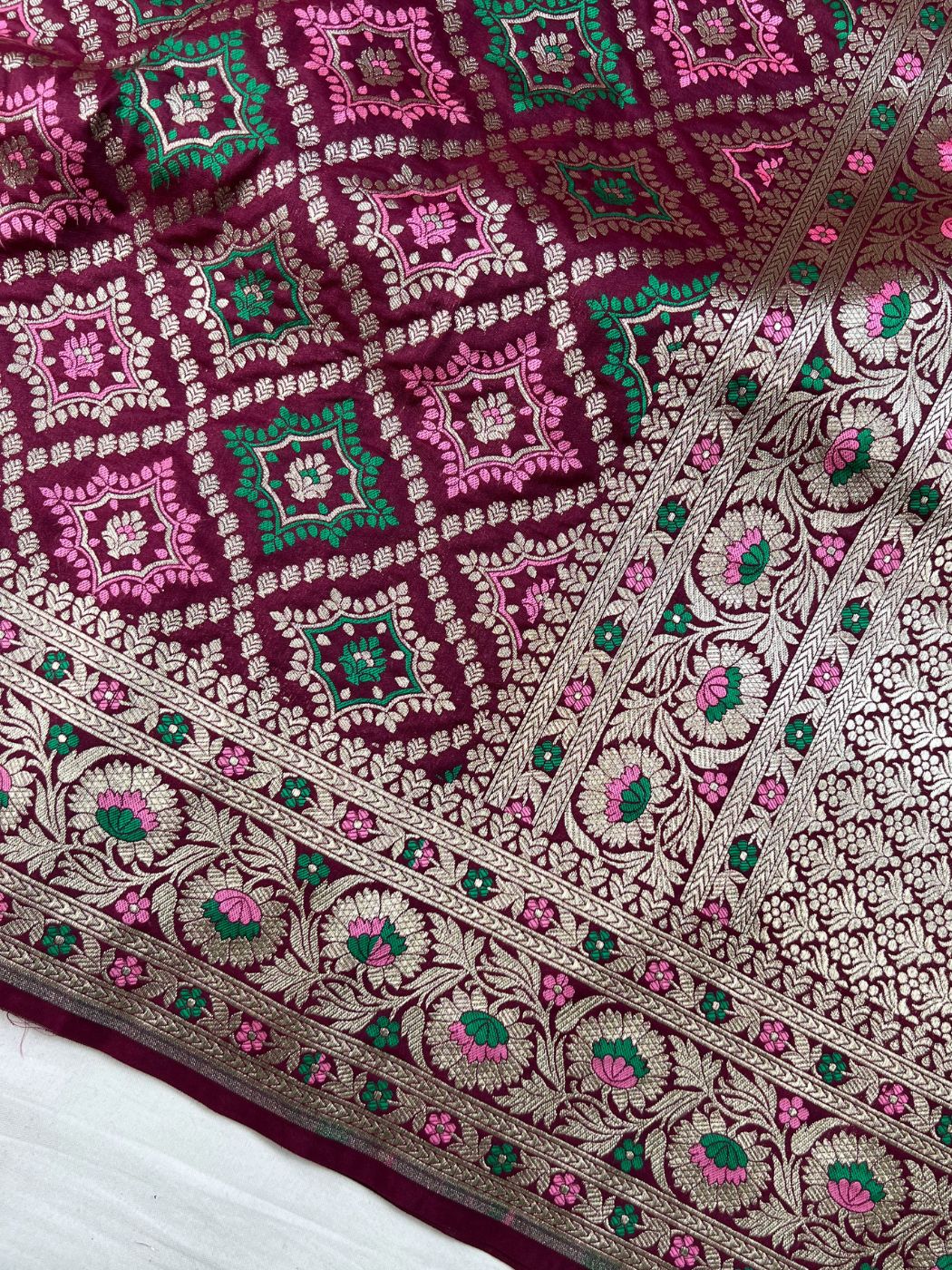 Wine katan Silk Saree Closeup View 02