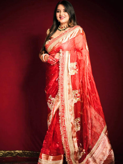 Manatavya Banaras royal red Karwa Chauth pure Banarasi tissue silk saree with intricate zari work, traditional motifs and festive bridal elegance