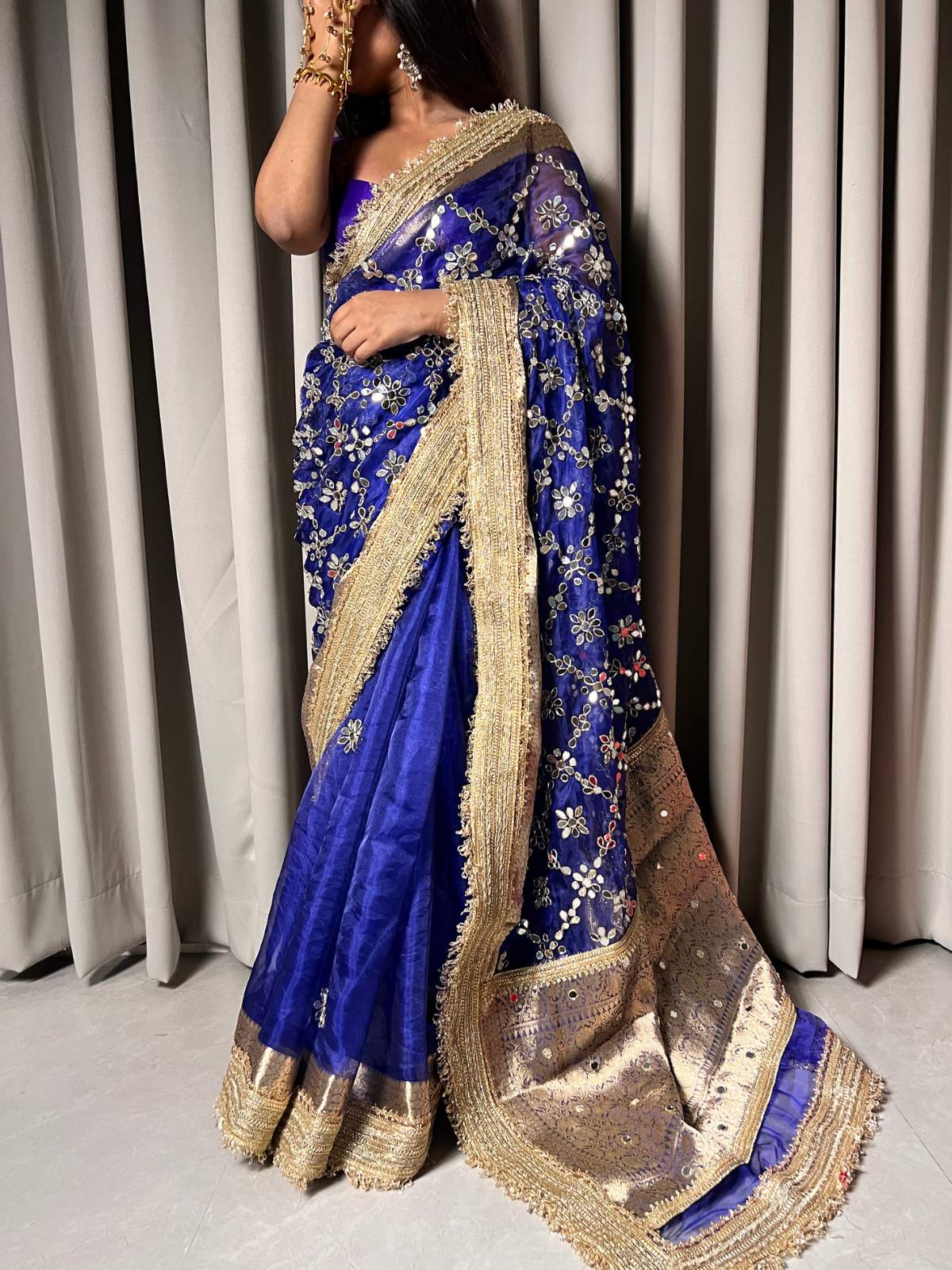 Royal Blue Tissue Silk Saree Aaina With Hand Embroidery Model