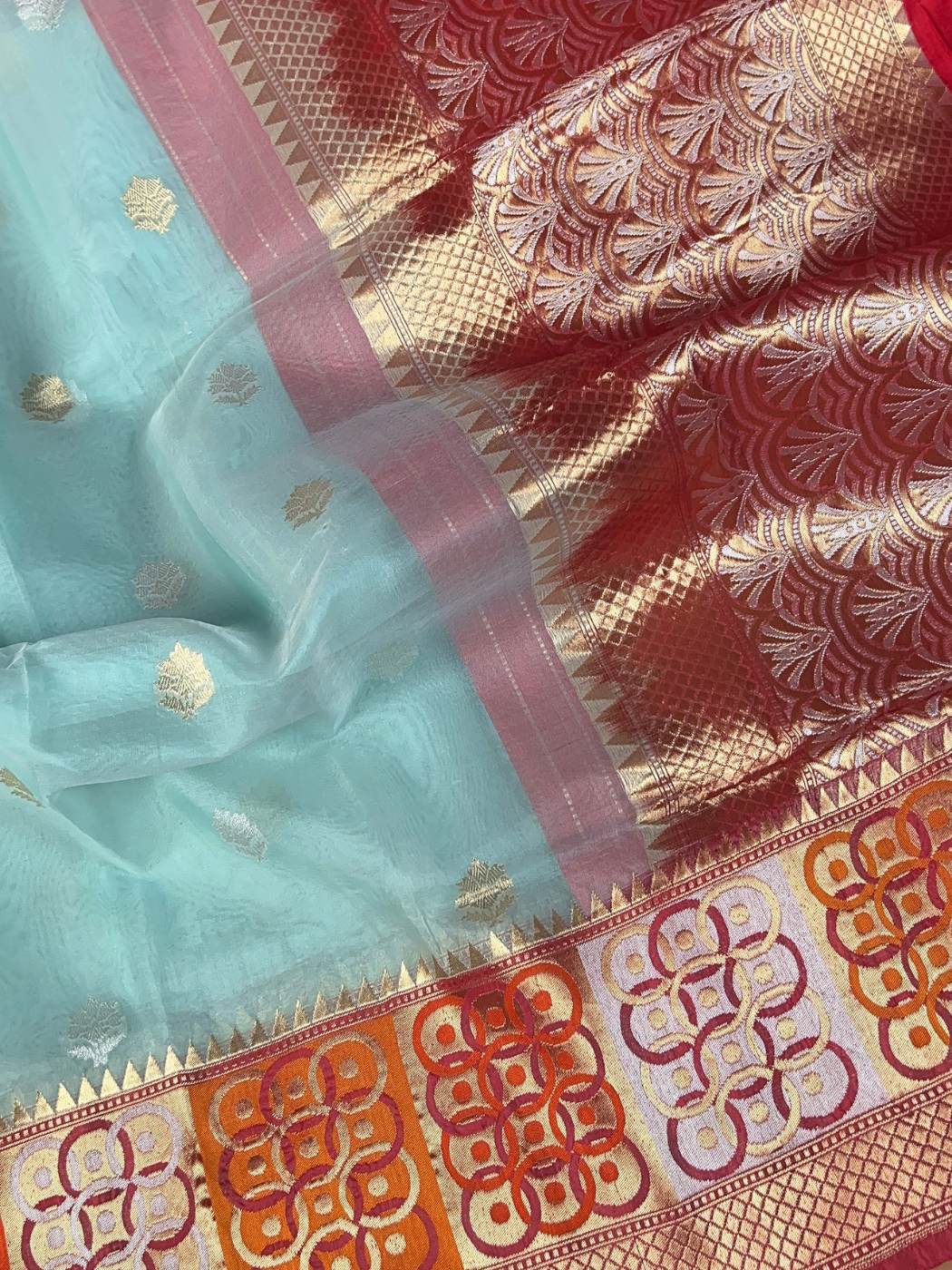 Aqua Blue Kora Silk Saree with floral closeup view 01