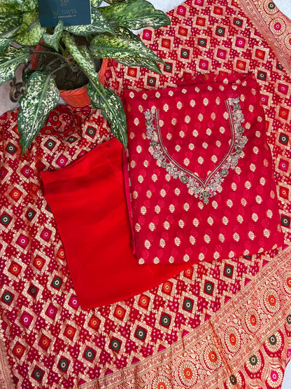 Red Bandhej suit in classic Indian tie-dye design