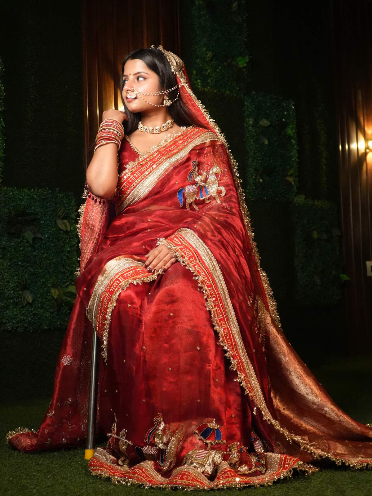 Royal Red Tissue Silk Saree Saat Vachan with Hand-embroidered Saat Vachan Model View 01