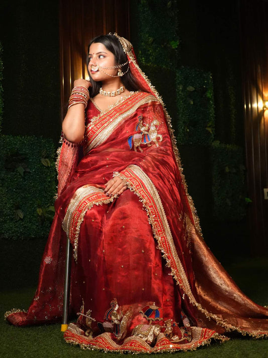 Royal Red Tissue Silk Saree Saat Vachan with Hand-embroidered Saat Vachan Model View 01
