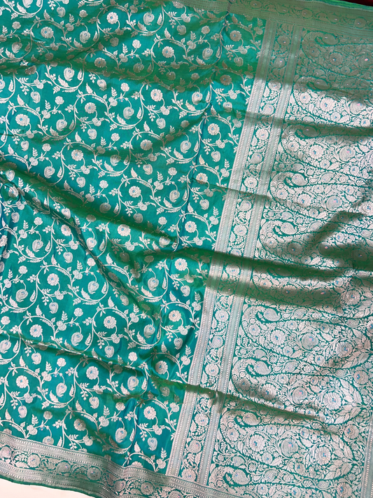 Teal Green Katan Silk Saree with floral and paisley vine jaal full view