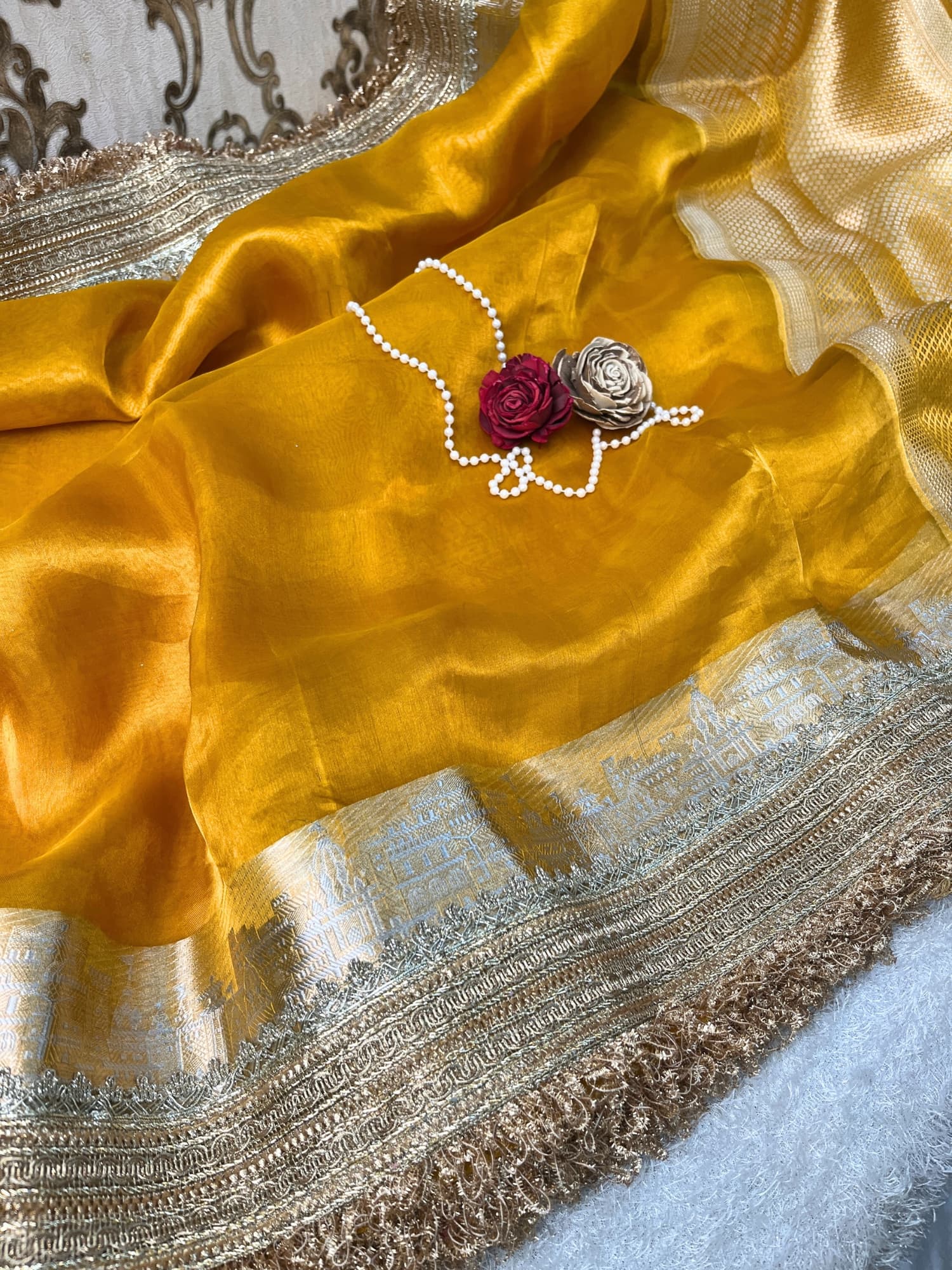 Mantavya Mustard Yellow Banarasi Tissue Silk Saree with golden zari work