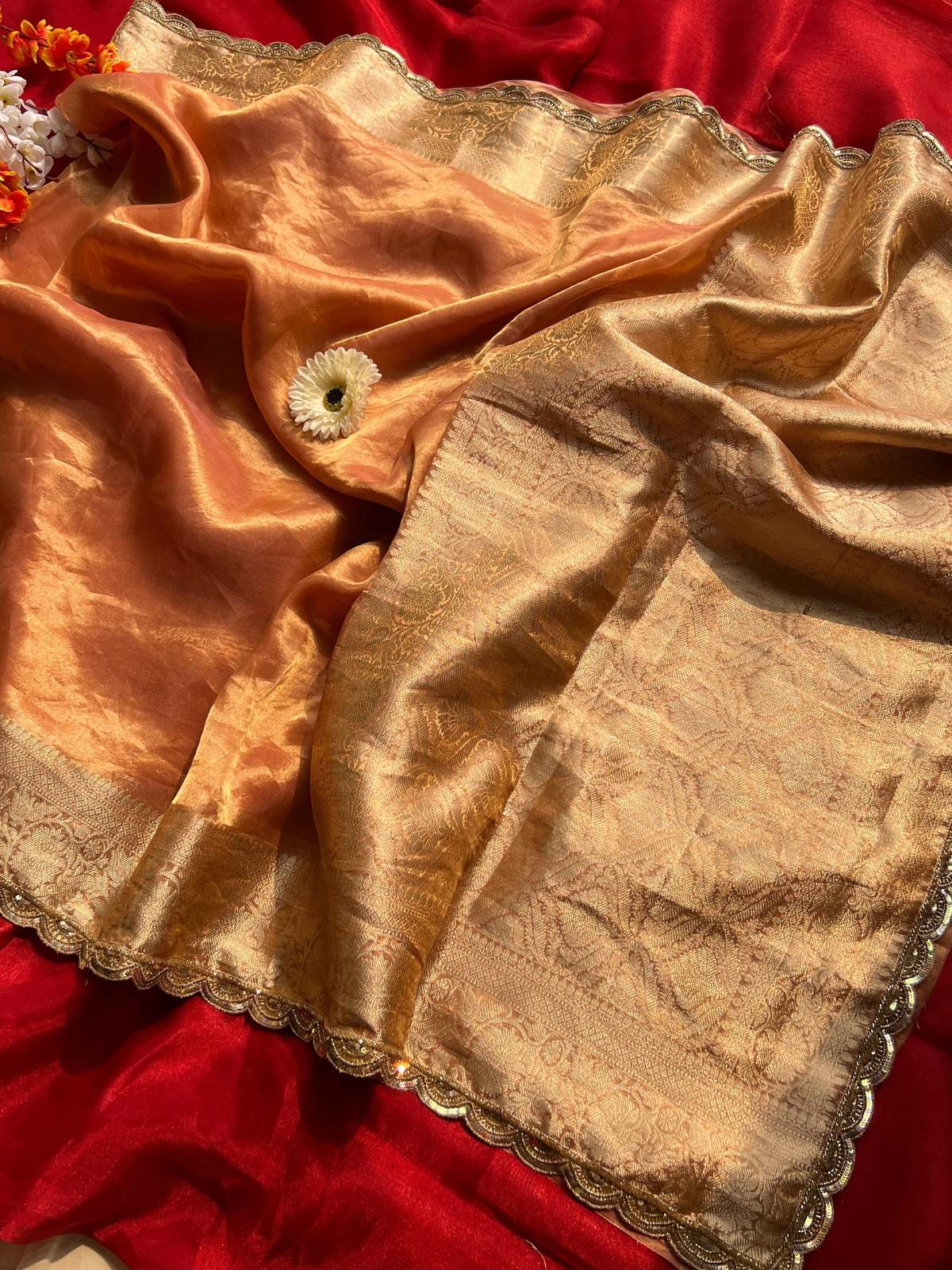 Peach Pure Banarasi Tissue Silk Saree with hand embroidery on the border full view