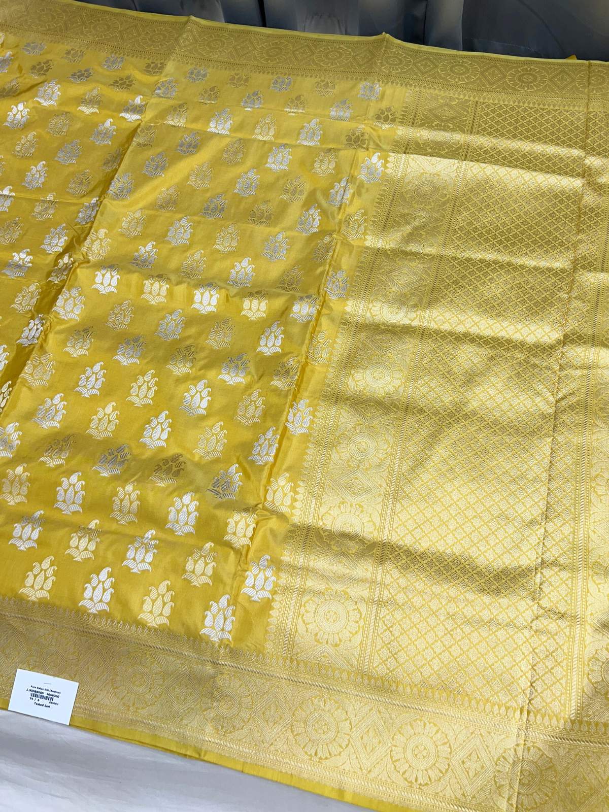 Yellow Katan Silk Saree with floral buta full view