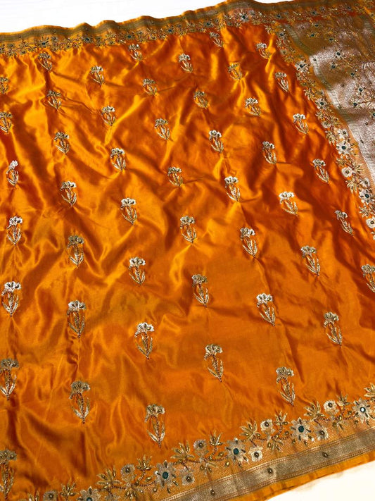 Orange Mashru Silk Saree Full View-Mantavya Banaras