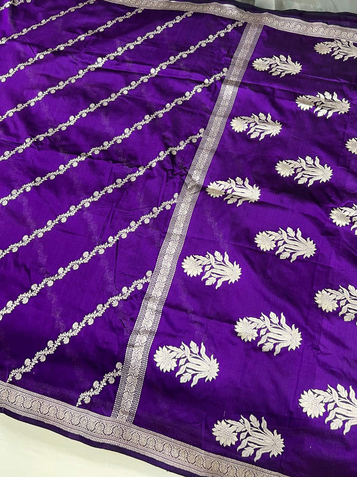 Dark Purple Katan Silk Saree with  floral vine full view