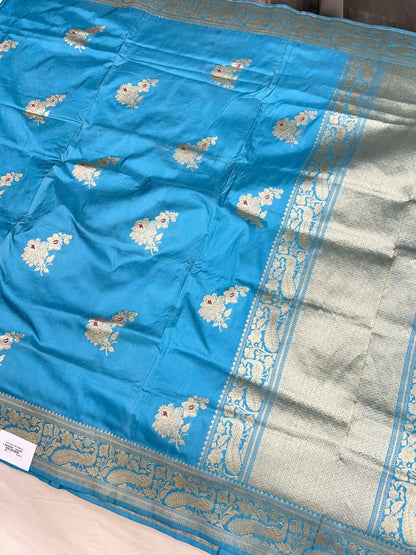 Sky Blue Katan Silk Saree with floral full view