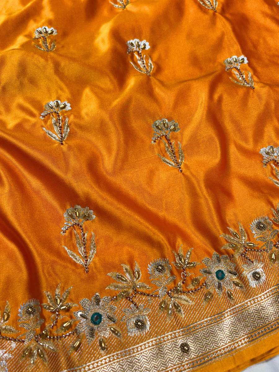 Orange Mashru Silk Saree Closeup View-Mantavya Banaras
