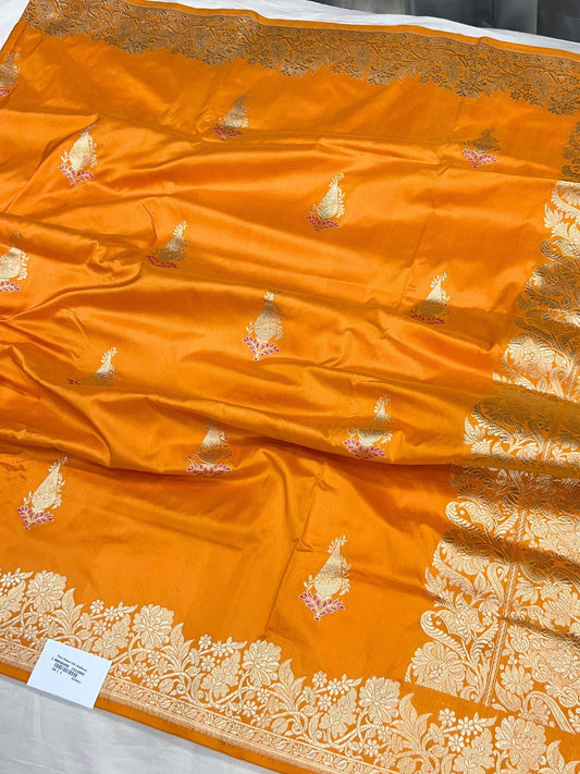 Orange Katan Silk Saree with kalga-inspired buta full view
