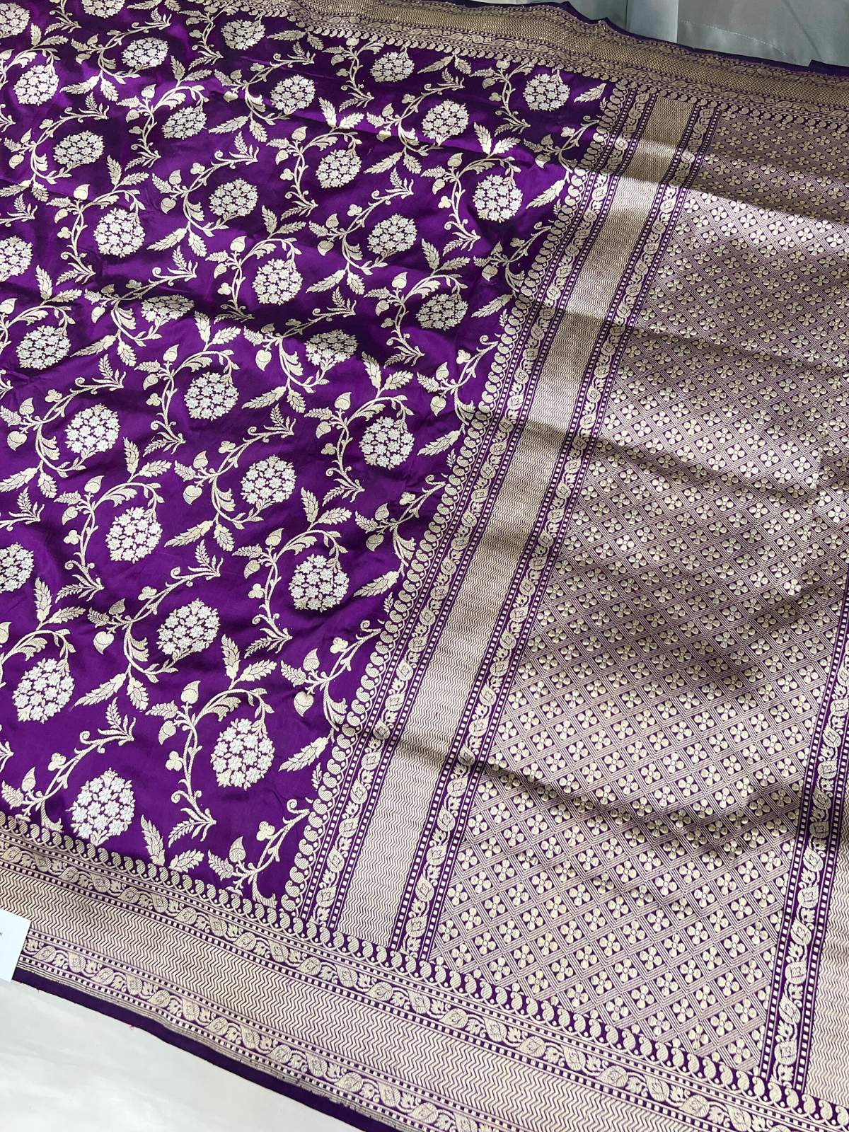 Deep Purple Katan Silk Saree with floral jaal full view