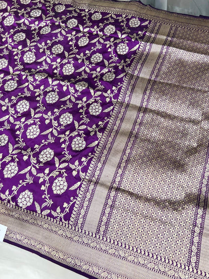 Deep Purple Katan Silk Saree with floral jaal full view
