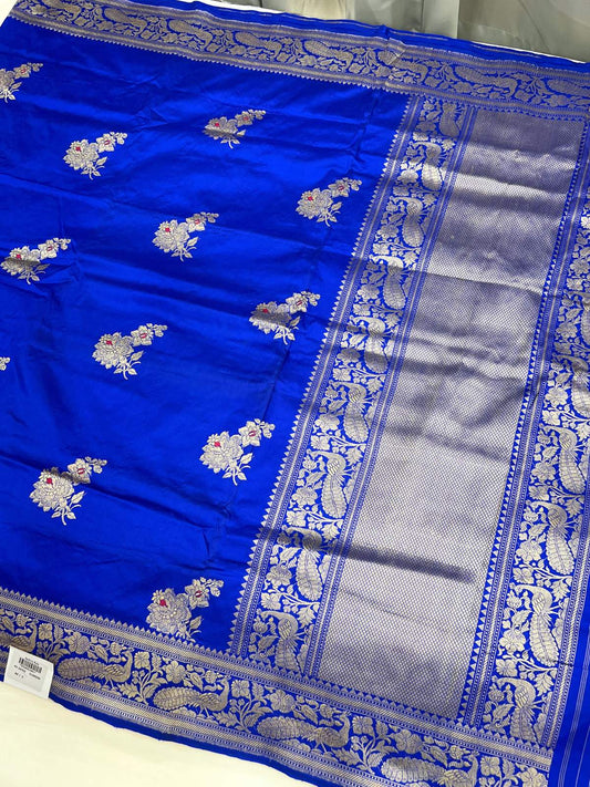 Royal Blue Katan Silk Saree with floral buta full view