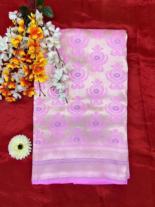 “Pink Katan Silk saree with elegant weaving and festive design”