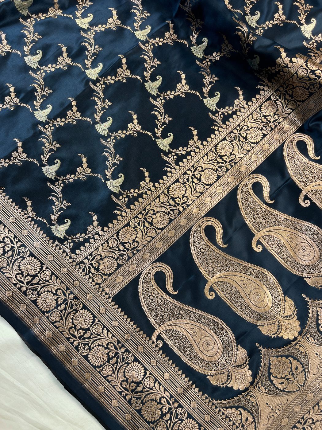 Navy Blue Katan Silk Saree Closeup View 01