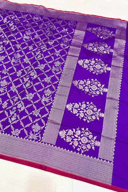 Handwoven Indigo Katan Silk Saree with silver zari floral design and selvedge contrast border