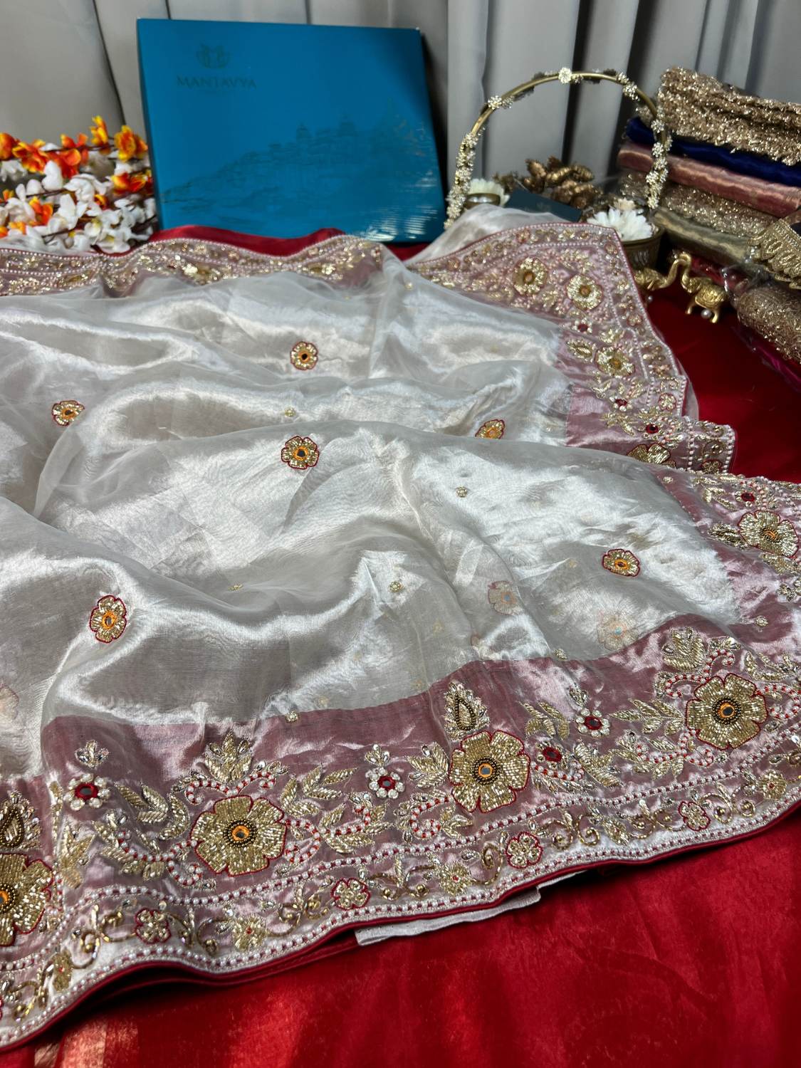 Silver Tissue Silk Saree Laal ishq with phool buta front view