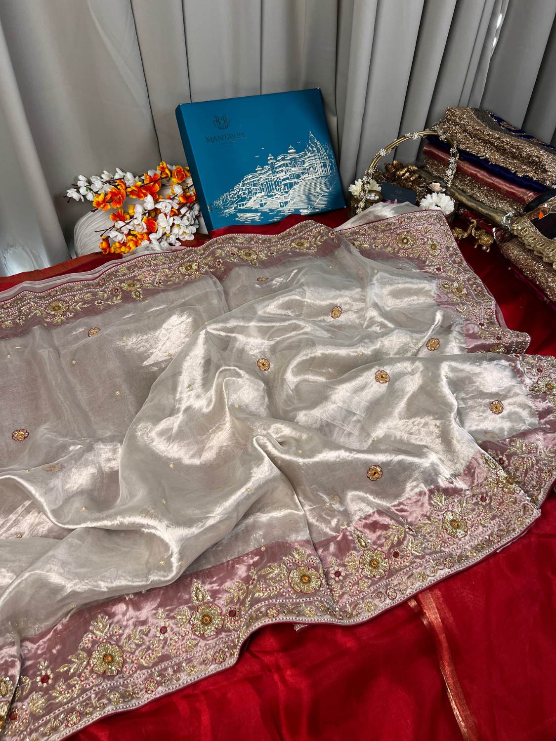 Silver Tissue Silk Saree Laal ishq with phool buta full view