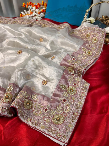 Silver Tissue Silk Saree Laal ishq with phool buta closeup view