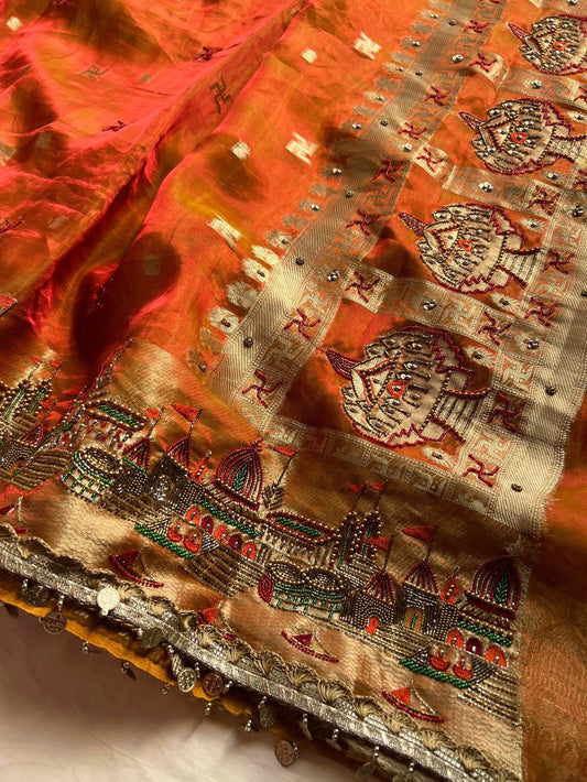 Orange Tissue Silk Saree -  Kashi Ghat closeup view 01