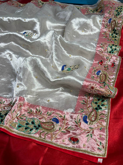 Silver Tissue Silk Saree Lal Ishq with Hand-embroidered Floral And Peacock full view 