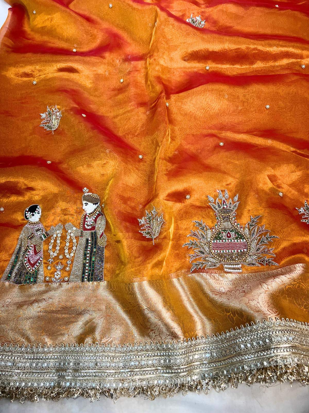 Kanjivaram Gold Banarasi Tissue Silk Saree Shubh Vivah with Hand-Embroidered Wedding closeup view