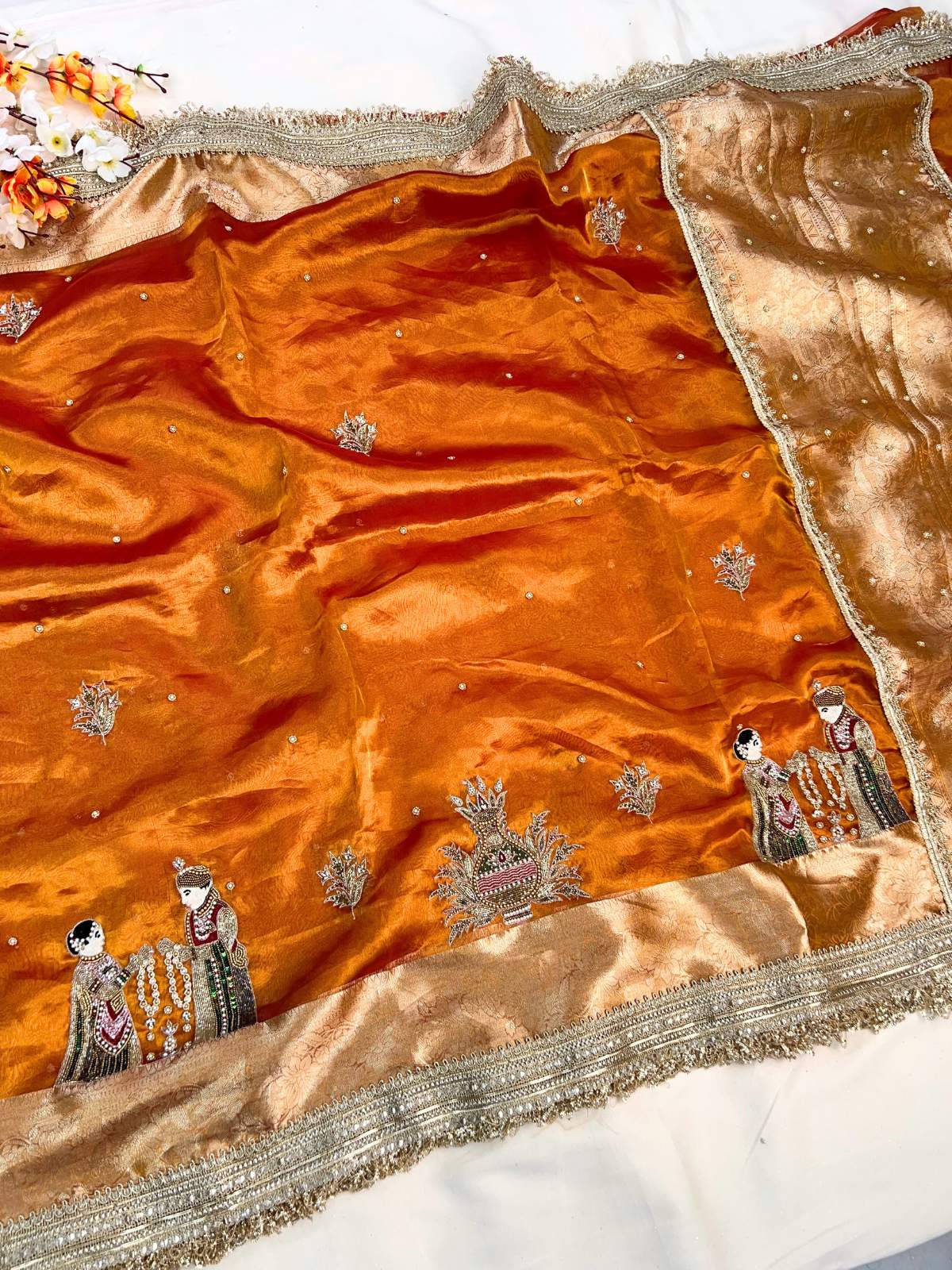 Kanjivaram Gold Banarasi Tissue Silk Saree Shubh Vivah with Hand-Embroidered Wedding full view