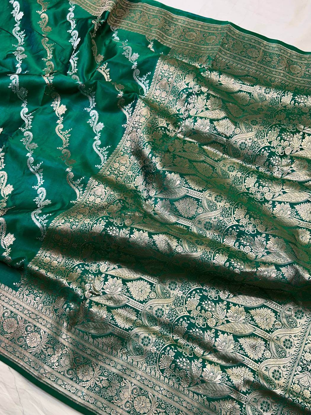 Emerald Green Katan Silk Saree with intricate silver zari full view