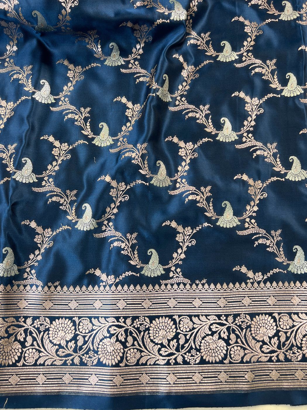 Navy Blue Katan Silk Saree Closeup View 02