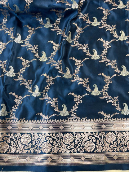 Navy Blue Katan Silk Saree Closeup View 02