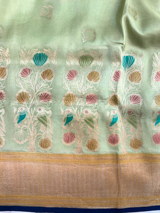 Pista Green Katan Silk Saree with woven bird Closeup view