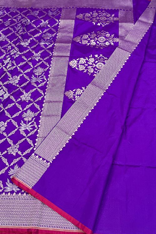 Handwoven Indigo Katan Silk Saree with silver zari floral design and selvedge contrast border