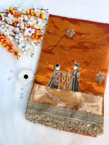 Kanjivaram Gold Banarasi Tissue Silk Saree Shubh Vivah with Hand-Embroidered Wedding front view