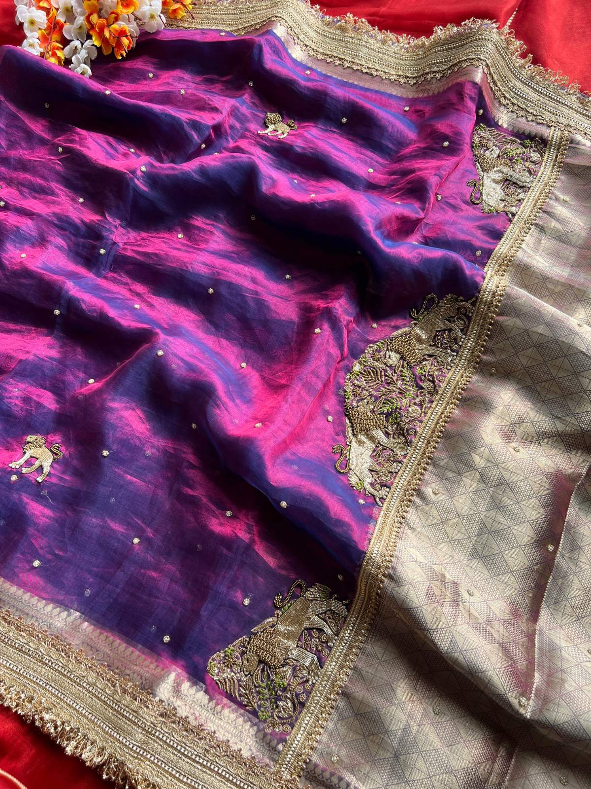 Purple  Pure Banarasi Tissue Silk Saree Dhoop-Chav Sherbagh with Hand Embroidered Sher full view